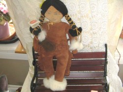 15'' CANADA  ABORIGINAL LEATHER DOLL, BUCKSKIN WITH FUR TRIM SUIT, TAG